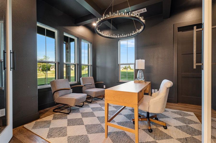 Office space with wood-type flooring