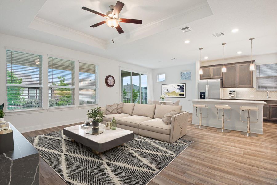 Virtually Staged Living Room with Tray Ceiling, very open floor plan