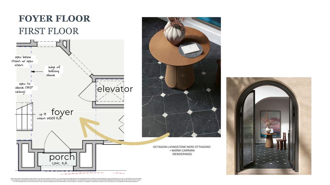 Thoughtfully designed Foyer with an Elevator and statement Tile Flooring, blending timeless craftsmanship with modern convenience.