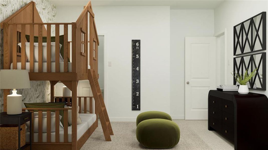 Bedroom featuring light carpet