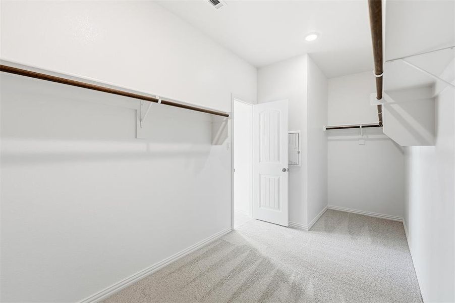 Walk in closet with light colored carpet