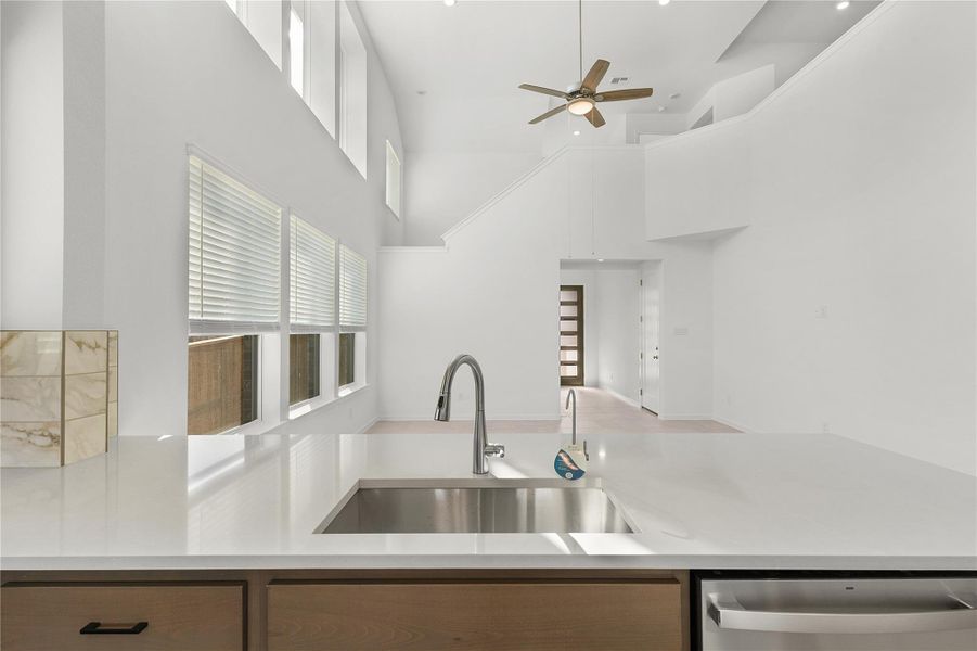 Kitchen featuring a sink, stainless steel dishwasher, plenty of natural light, a ceiling fan, and a high ceiling