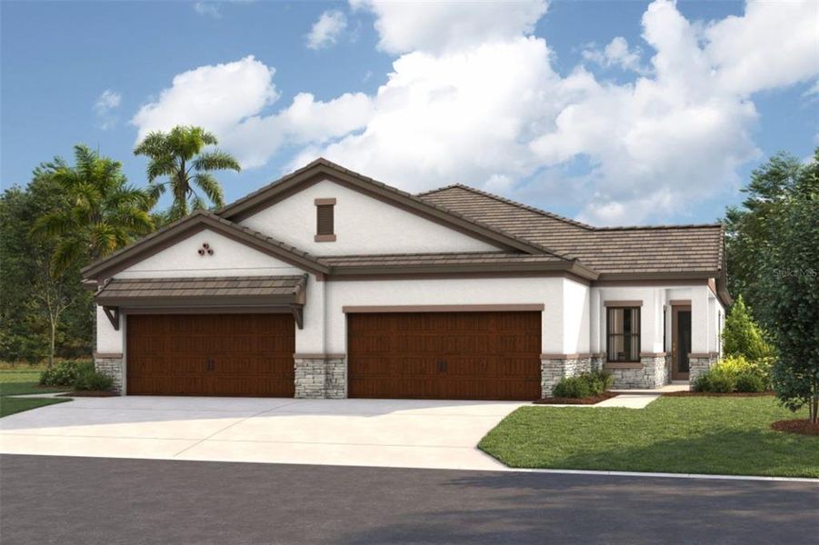 Front exterior of a new home in Two Rivers, Zephyrhills, FL, highlighting curb appeal (Image 1). Front exterior of a new home in Two Rivers, Zephyrhills, FL, highlighting curb appeal (Image 1).