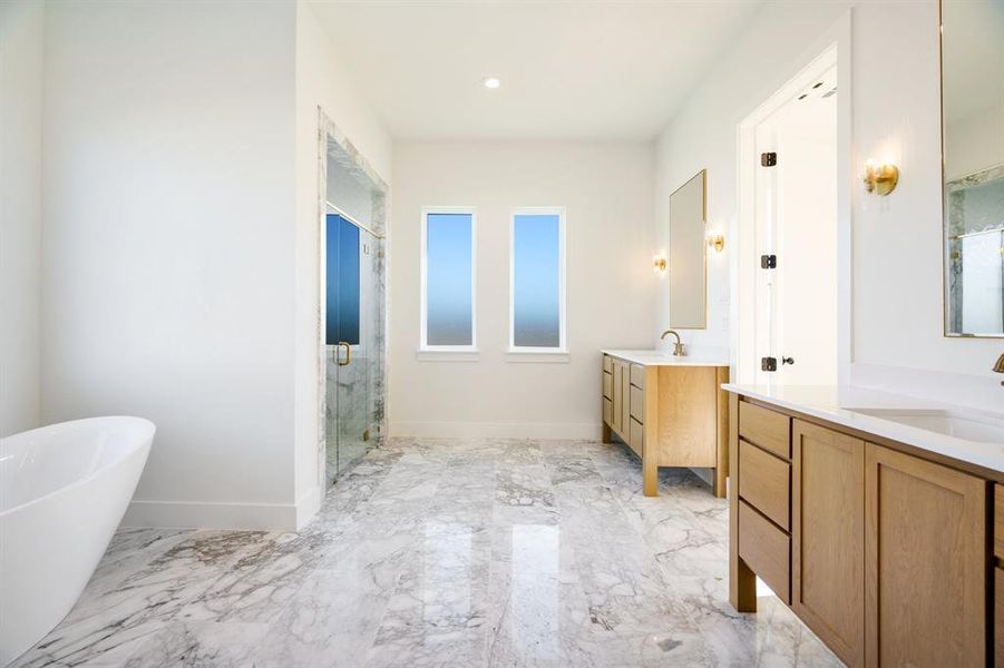 Bathroom featuring separate shower and tub and vanity