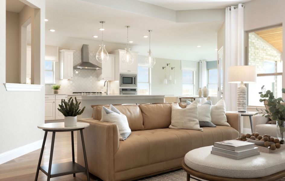 Open-Concept Gathering Room with Backyard Patio Views