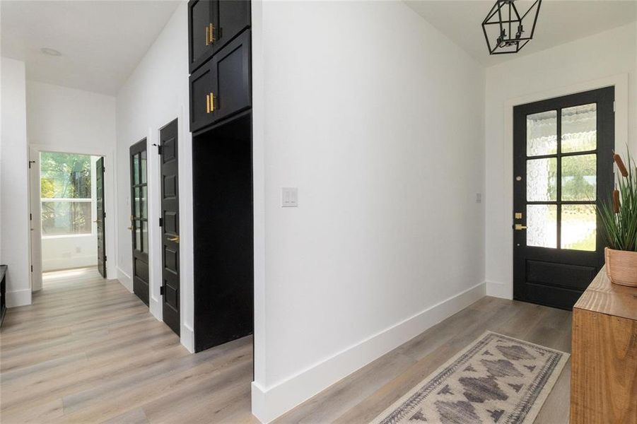 Foyer entrance featuring a notable chandelier, a healthy amount of sunlight, and light hardwood / wood-style flooring