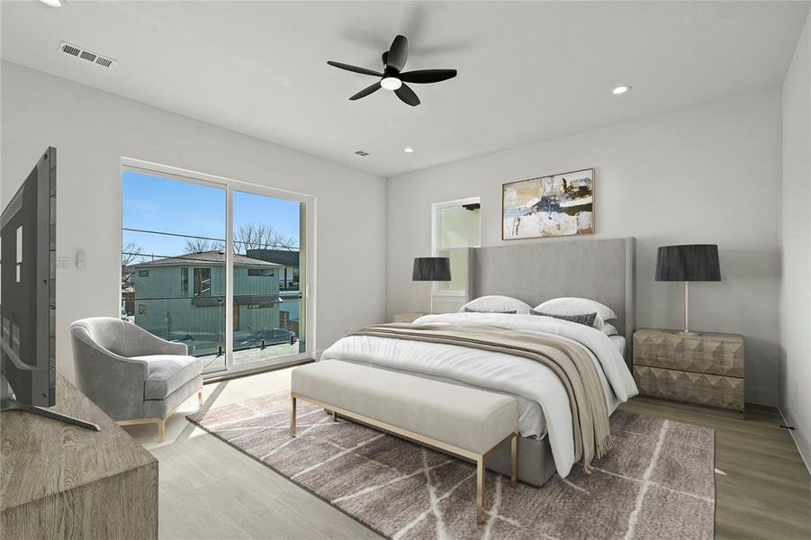 large bedroom upstairs with Balcony