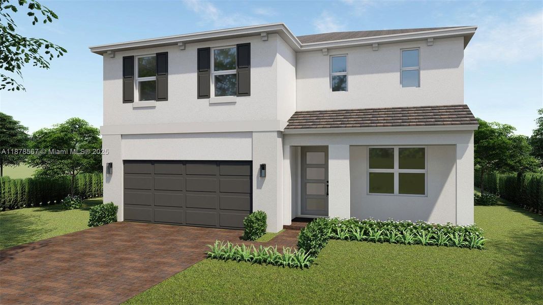 Front exterior of a new home in Parker Pointe, Homestead, FL, highlighting curb appeal (Image 1).