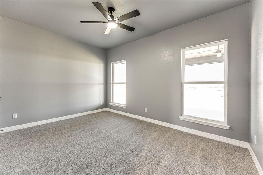 Spare room featuring carpet flooring and ceiling fan