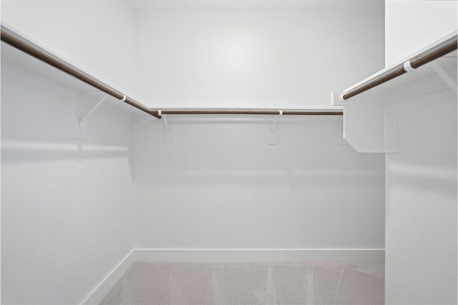 Walk-in closet featuring light-colored carpet, white walls, and built-in shelving with hanging rods Walk-in closet featuring light-colored carpet, white walls, and built-in shelving with hanging rods