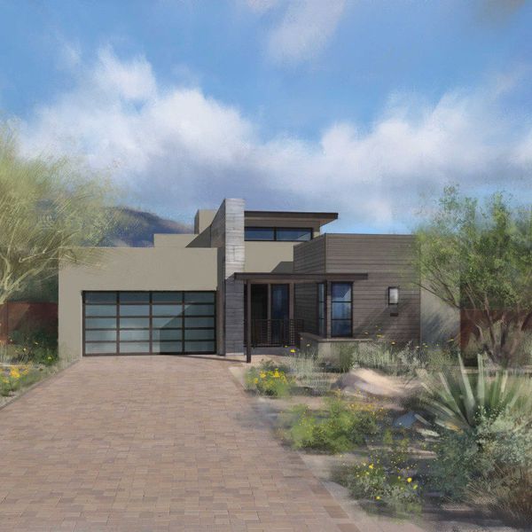 Representative exterior photo of a completed home built from the 7003 by Camelot Homes in The Villas II at Desert Mountain, Scottsdale, AZ (Image 4).
