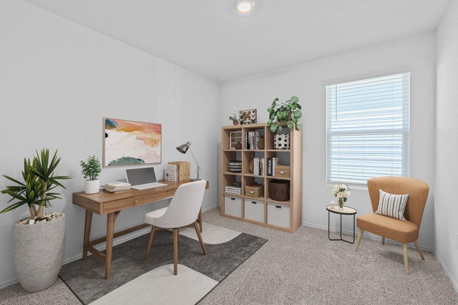 Office area featuring light carpet and recessed lighting