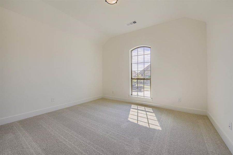 Unfurnished room featuring light carpet and lofted ceiling