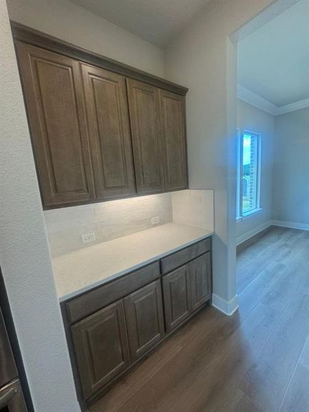 Built-in cabinetry with crown molding, under-cabinet lighting, and a light-toned countertop