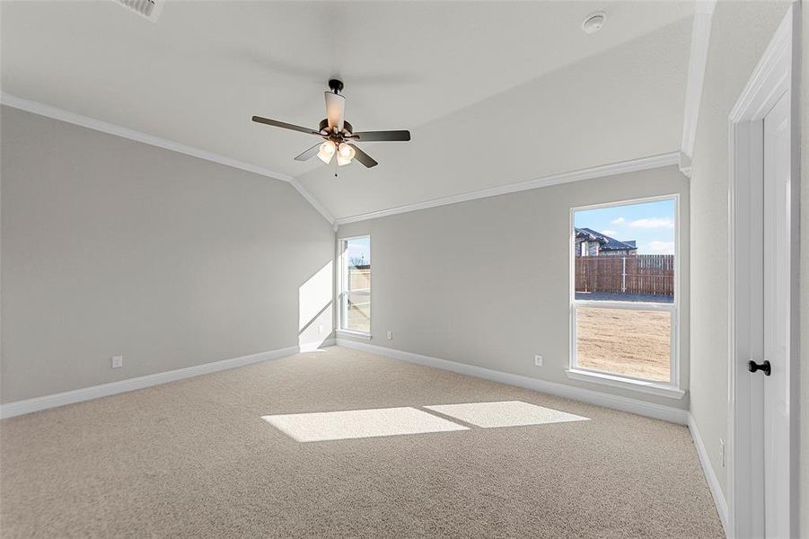 Spare room featuring crown molding, light colored carpet, ceiling fan, and lofted ceiling