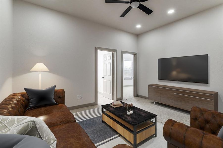 Media room featuring carpet flooring, ceiling fan, and recessed lighting Media room featuring carpet flooring, ceiling fan, and recessed lighting