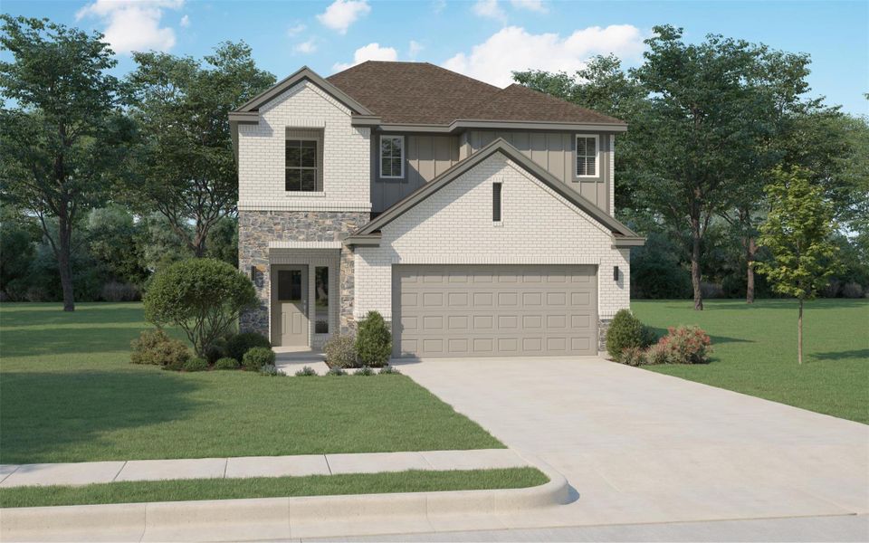 Front exterior of a new home in Lakeside at Tessera, Lago Vista, TX, highlighting curb appeal (Image 18). Front exterior of a new home in Lakeside at Tessera, Lago Vista, TX, highlighting curb appeal (Image 18).