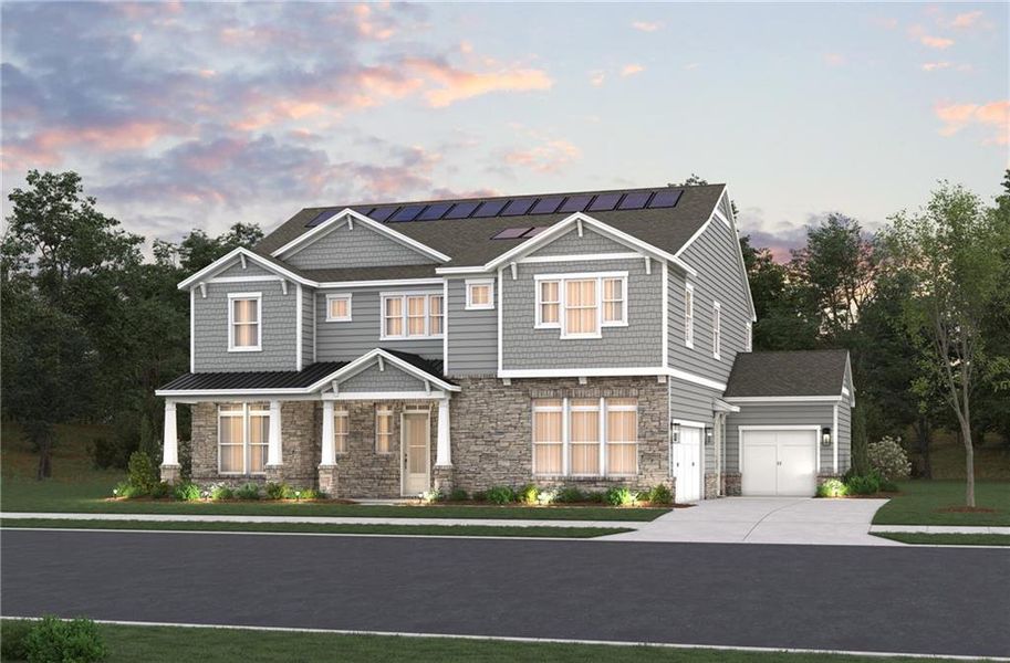 Front exterior of a new home in Estates at Daves Creek, Cumming, GA, highlighting curb appeal (Image 1). Front exterior of a new home in Estates at Daves Creek, Cumming, GA, highlighting curb appeal (Image 1).