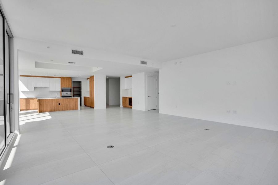 Kitchen, dining, and living area