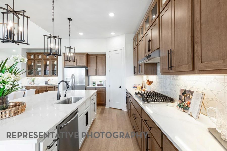 Kitchen with stainless steel appliances, a sink, a chandelier, under cabinet range hood, and light wood finished floors