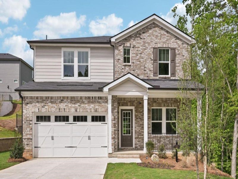 Representative exterior photo of a completed home built from the Sherwood Basement by Meritage Homes in The Oaks at Dawson, Dawsonville, GA (Image 1).