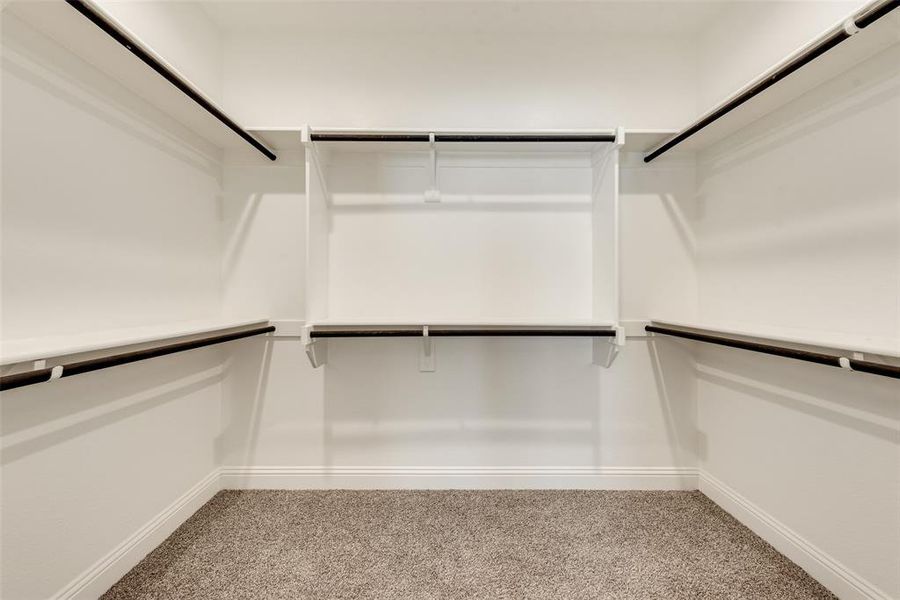 Walk in closet featuring light colored carpet