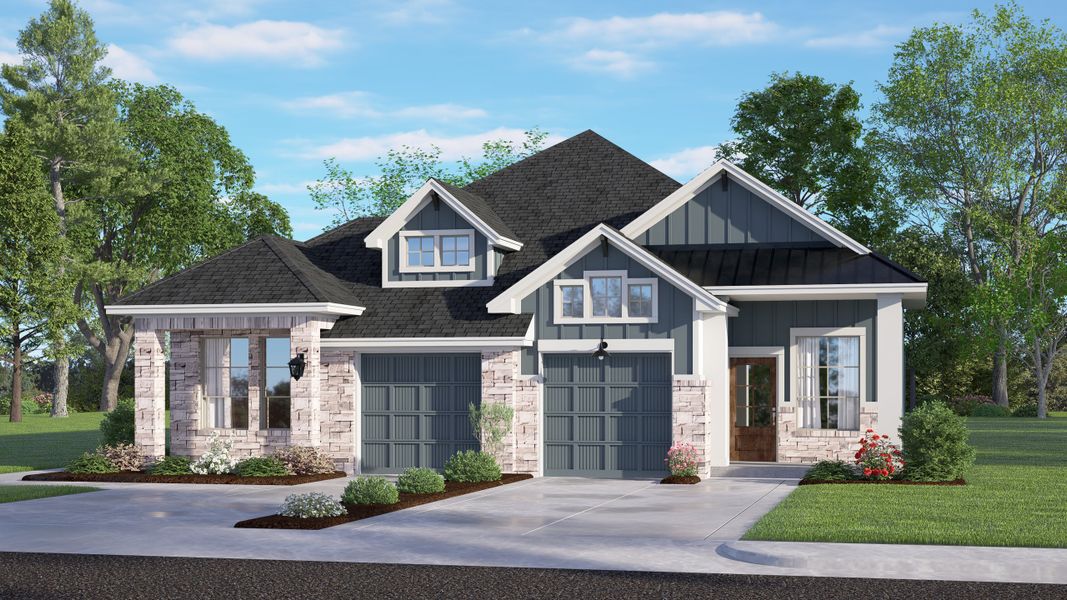 Front exterior of a new home in Meridiana, Manvel, TX, highlighting curb appeal (Image 2).