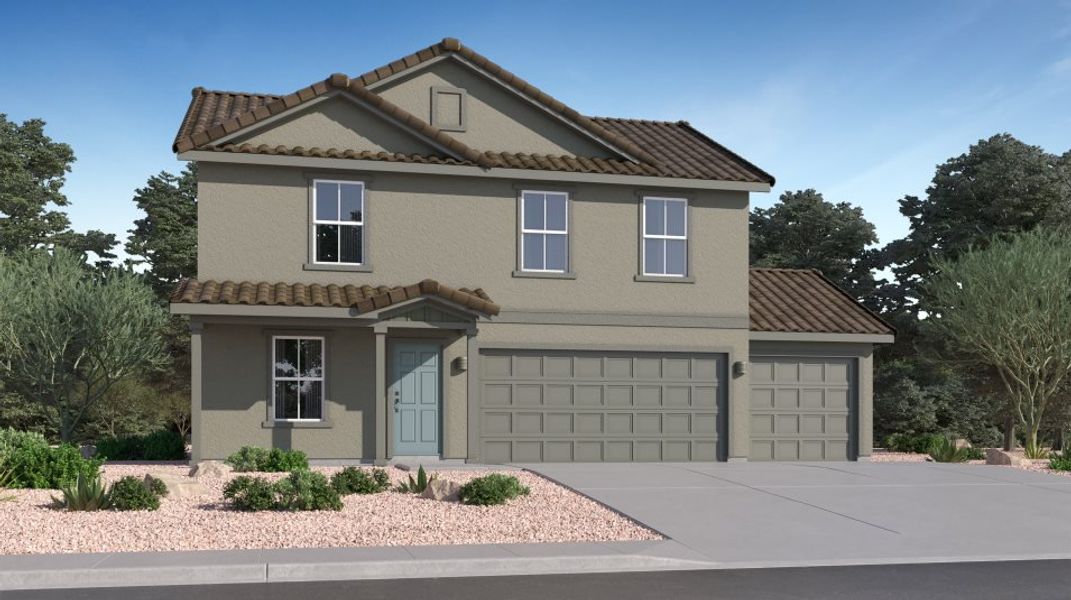 Front exterior of a new home in Mountain View at Rocking K: Mountain View Dream, Vail, AZ, highlighting curb appeal (Image 1).