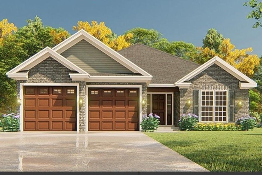 View of front facade with a garage, driveway, a front yard, and brick siding View of front facade with a garage, driveway, a front yard, and brick siding