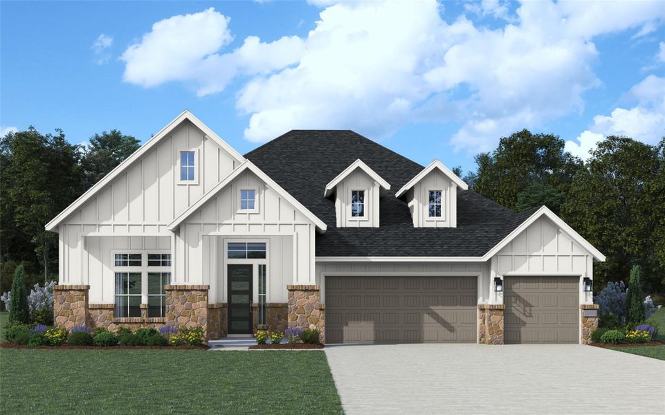 Modern farmhouse style home featuring roof with shingles, a front yard, board and batten siding, and stone siding