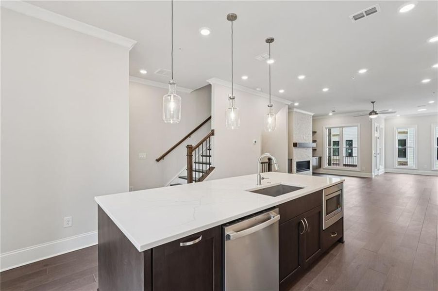Kitchen with dark wood finish cabinetry, stainless steel appliances, dark wood-style flooring, open floor plan, and a large fireplace