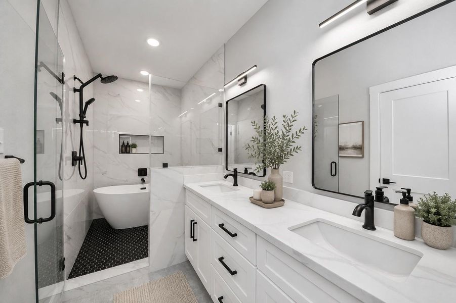 Spa-inspired primary bathroom featuring dual vanities, a freestanding soaking tub, oversized walk-in shower, & sleek modern finishes throughout.