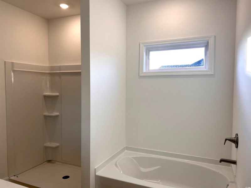 Bathroom featuring a garden tub and a shower stall
