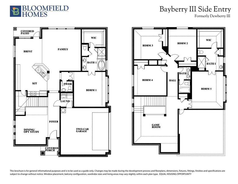 Bloomfield Homes Bayberry III Side Entry floor plan showing two floors with five bedrooms, game room, and two-car garage. Bloomfield Homes Bayberry III Side Entry floor plan showing two floors with five bedrooms, game room, and two-car garage.