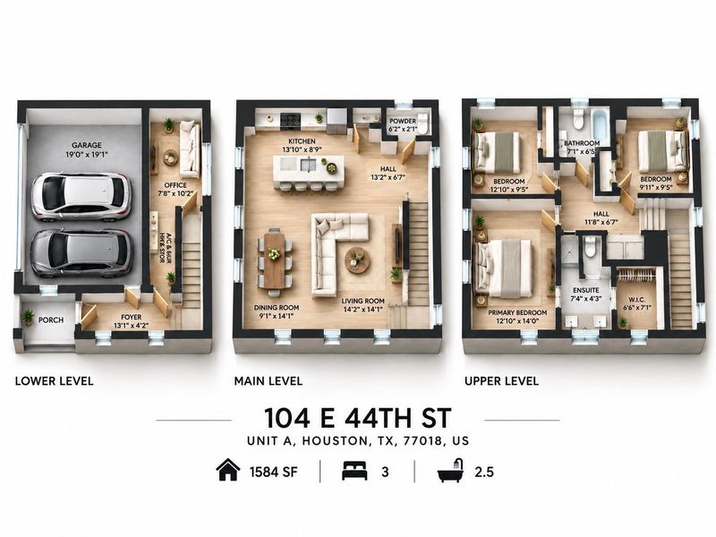 Three level floor plan puts the garage and flex room on the entry level, living and kitchen in the middle, and all three bedrooms upstairs. Three level floor plan puts the garage and flex room on the entry level, living and kitchen in the middle, and all three bedrooms upstairs.