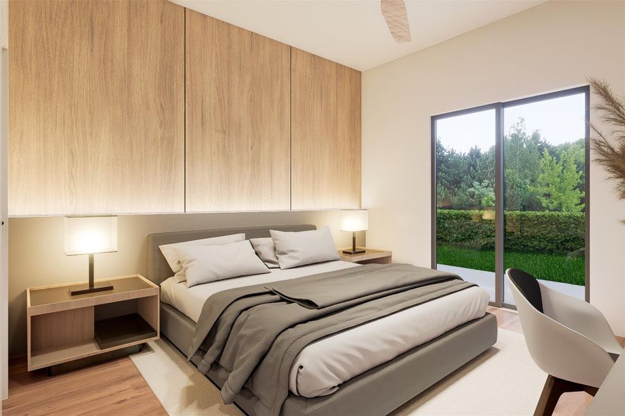 Downstairs bedroom 1 with custom wooden accent wall and access to backyard.