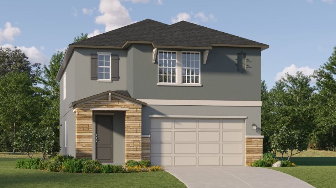 Front exterior of a new home in Stonegate Preserve, Palmetto, FL, highlighting curb appeal (Image 1). Front exterior of a new home in Stonegate Preserve, Palmetto, FL, highlighting curb appeal (Image 1).
