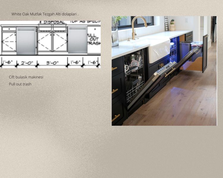 Modern kitchen features integrated appliances, including dual dishwashers and a convenient pull-out trash bin. Modern kitchen features integrated appliances, including dual dishwashers and a convenient pull-out trash bin.