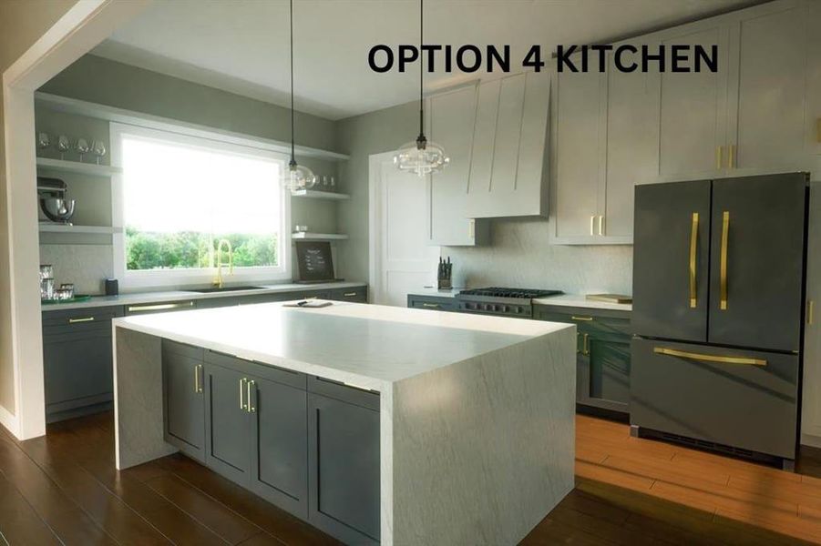 BUILD OPTION 4 Kitchen with open shelves, freestanding refrigerator, decorative light fixtures, gray cabinets, and dark wood-style flooring