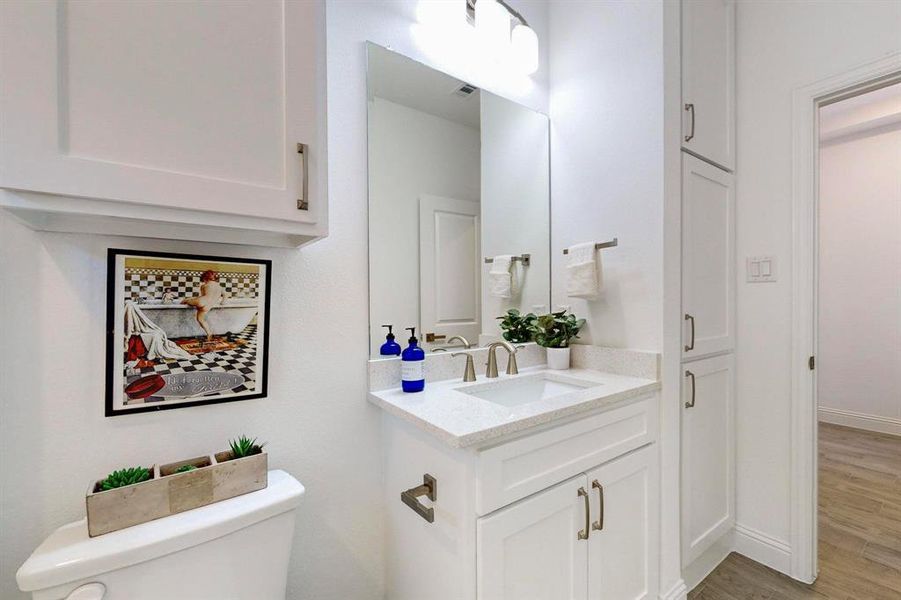 Hall Bathroom featuring toilet, vanity, and wood-type flooring