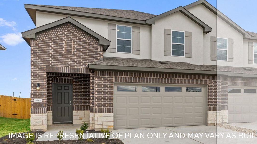 Front exterior of a new home in Palomino, Manor, TX, highlighting curb appeal (Image 16). Front exterior of a new home in Palomino, Manor, TX, highlighting curb appeal (Image 16).