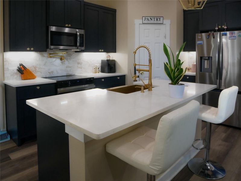 Kitchen with dark cabinets, dark wood-type flooring, stainless steel appliances, and an island with sink