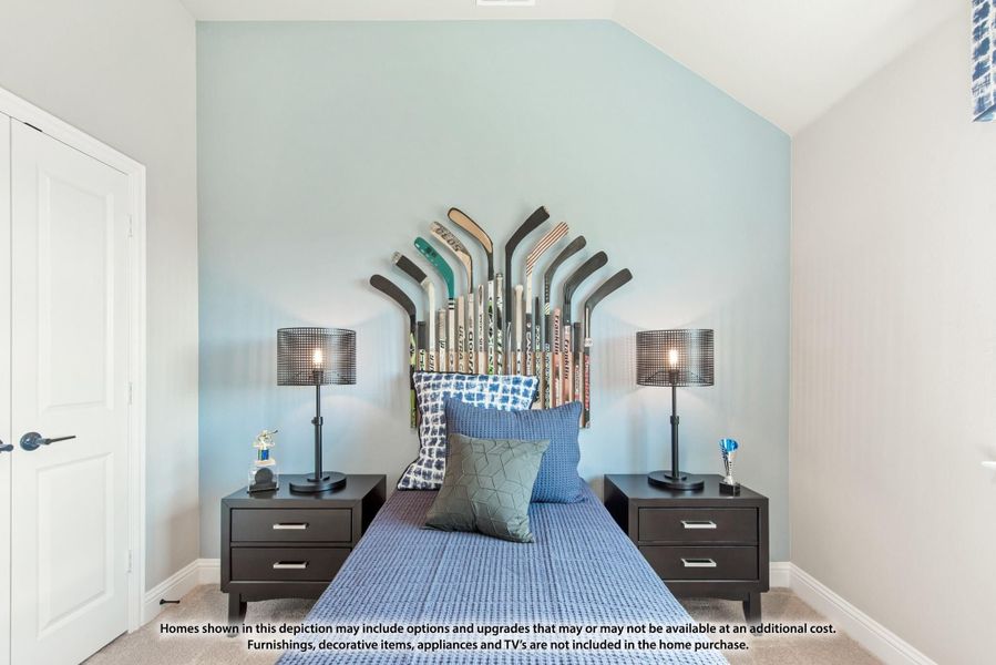 Kids bedroom with hockey stick headboard, blue bedding, and two dark wood nightstands with lamps Kids bedroom with hockey stick headboard, blue bedding, and two dark wood nightstands with lamps