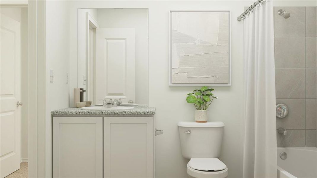 Full bathroom with vanity, shower / tub combo with curtain, and toilet