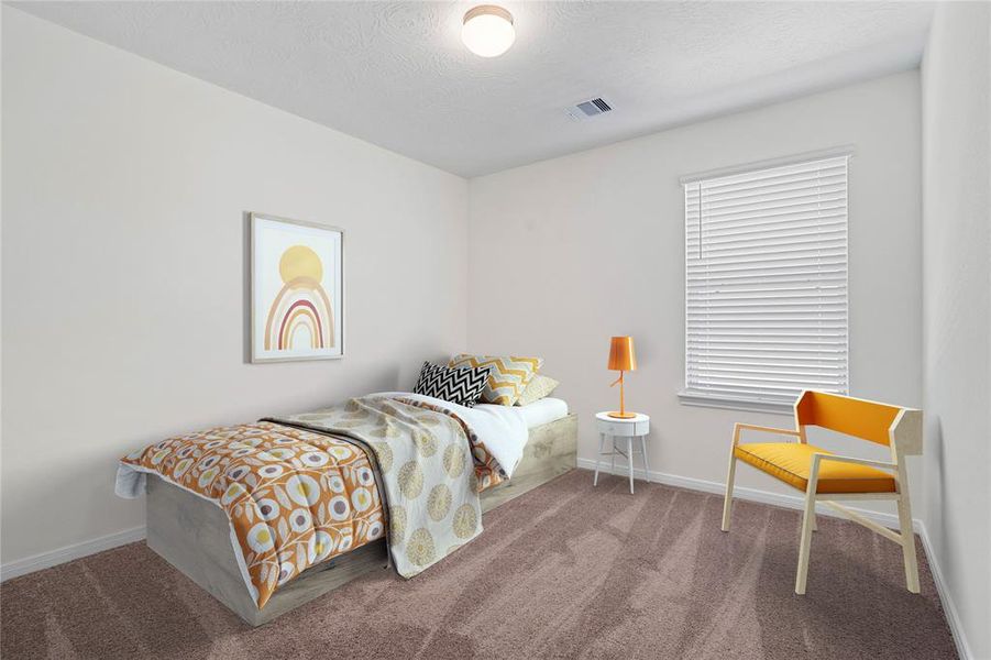 Secondary bedroom features plush carpet, neutral paint, lighting, large windows with privacy blinds and ample sized closet space.