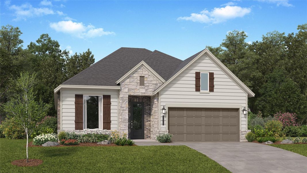 Front exterior of a new home in Legacy, League City, TX, highlighting curb appeal (Image 1). Front exterior of a new home in Legacy, League City, TX, highlighting curb appeal (Image 1).
