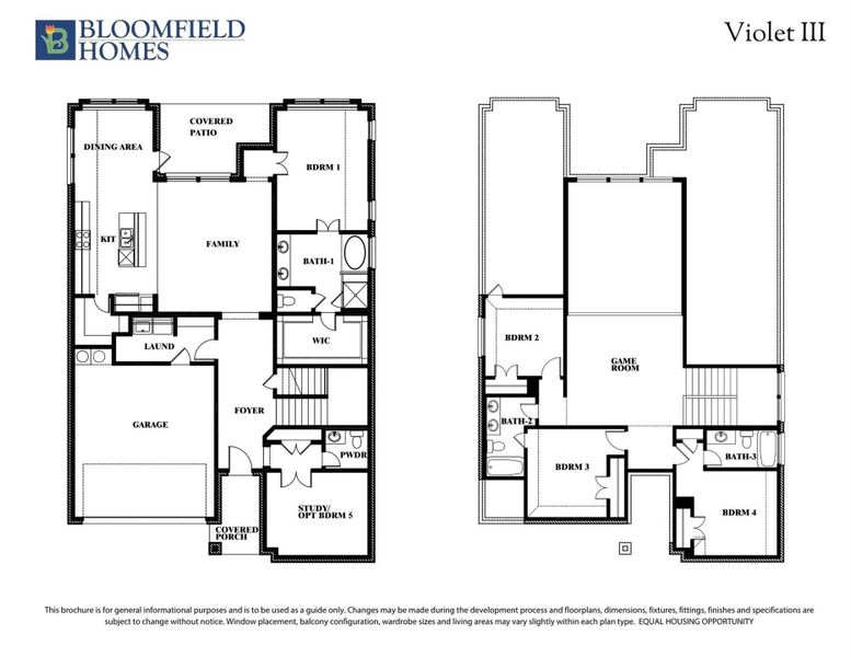 Bloomfield Homes Violet III two-story floor plan with four bedrooms, game room, and covered patio on first and second floors. Bloomfield Homes Violet III two-story floor plan with four bedrooms, game room, and covered patio on first and second floors.