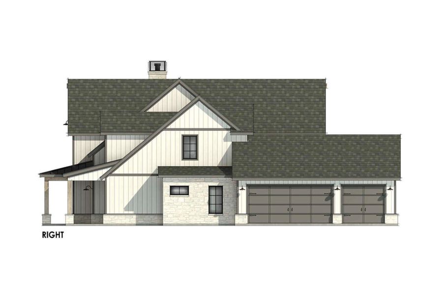 Proposed Modern Farmhouse: a prominent 3-car garage is located on the right side of the home, with carriage-style doors and decorative hardware.