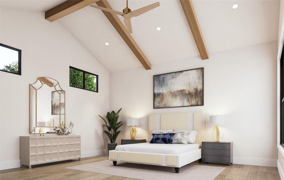 Elevated ceilings and warm wood details define the atmosphere in this primary bedroom concept. The layout suggests room for a statement bed, accent lighting, and complementary furniture, while the design highlights natural light and thoughtful flow setting the stage for personalized, elevated living.