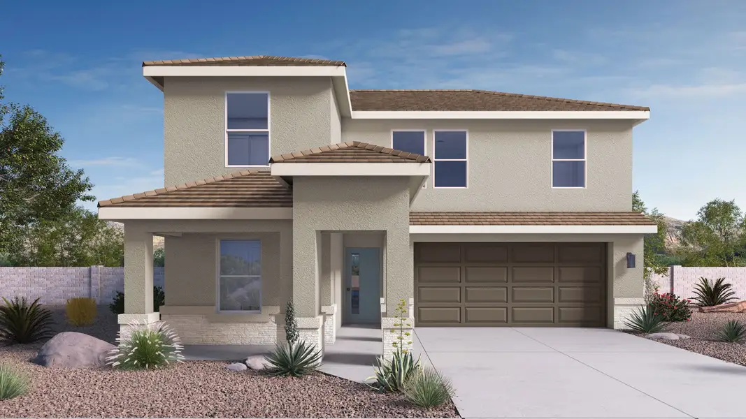 Front exterior of a new home in The Ridge at Stone Butte, Phoenix, AZ, highlighting curb appeal (Image 1). Front exterior of a new home in The Ridge at Stone Butte, Phoenix, AZ, highlighting curb appeal (Image 1).